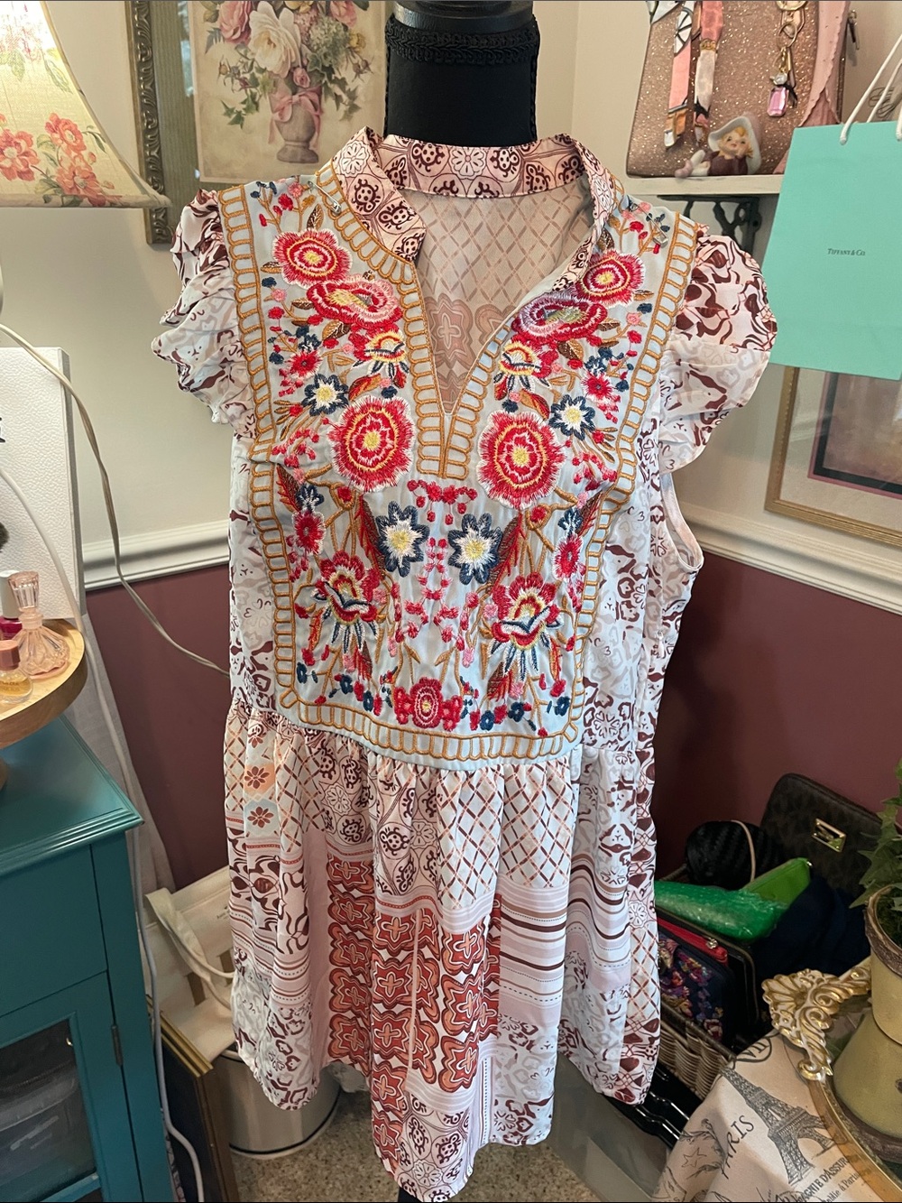Boho Embroidered Floral Tunic Dress Top - Pink Multi